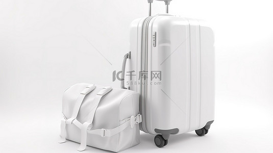 登山旅游背景图片_白色手提箱和旅游背包在白色背景上的 3d 渲染图像中