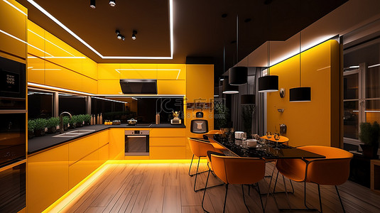现代住宅中的当代黄色厨房由夜间人造光源和 3D 渲染照亮