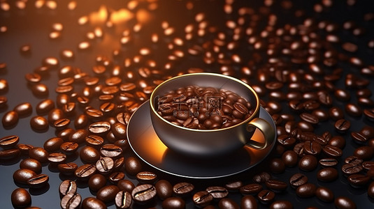 卡咖啡背景图片_咖啡填充的杯子和现实的豆子排列在 3D 平躺背景中