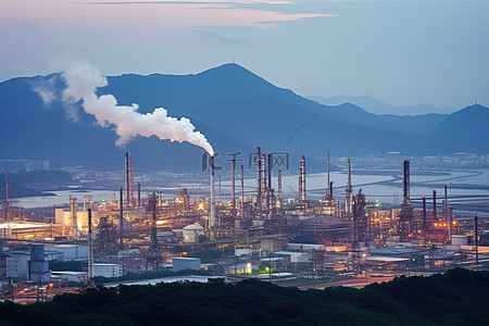 石化油品背景图片_神户石化厂冒出烟雾，背景是山脉和树木