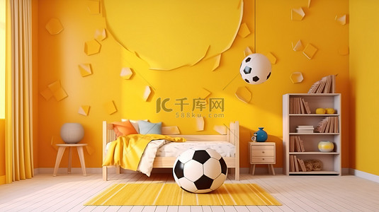 黄色足球主题儿童房的 3D 渲染