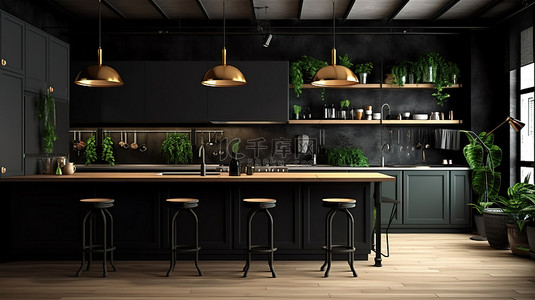 斯堪的纳维亚风格的黑暗厨房的亲密视图 3D 渲染全景背景