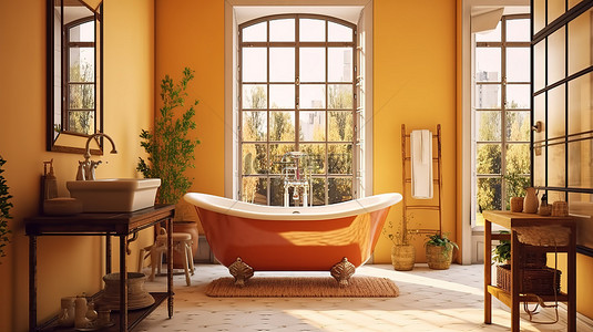 优雅的浴室设计，配有宽敞的窗户和古典风格的木制家具