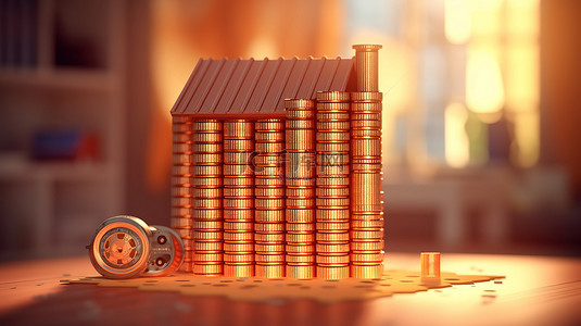 隔水加热背景图片_加热效率符号散热器，形式为带有一堆硬币的房屋 3D 插图