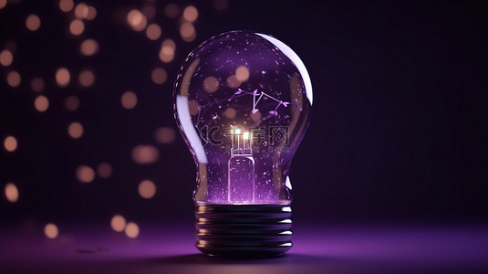 紫色背景上带有星星的照明玻璃灯泡的最小概念 3D 插图