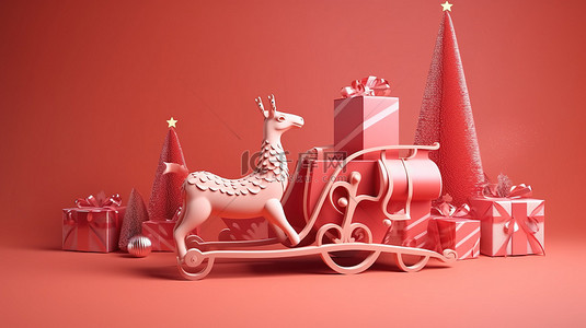 圣诞快乐产品展示圣诞老人的雪橇在 3D 渲染中携带礼物