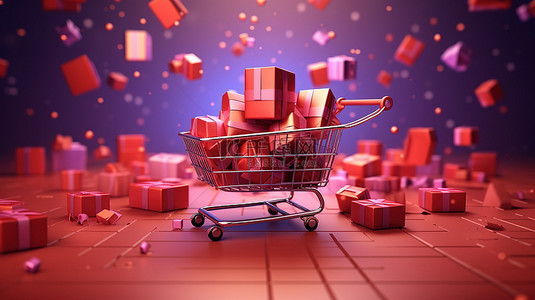 购物并在购物车中使用促销礼品盒保存 3D 渲染用于在线和社交媒体活动