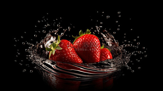 的背景下背景图片_黑色背景下浸入液态水中的草莓果实的 3D 渲染