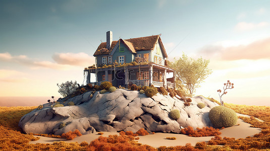 坐落在悬崖上的房屋概念 3D 渲染
