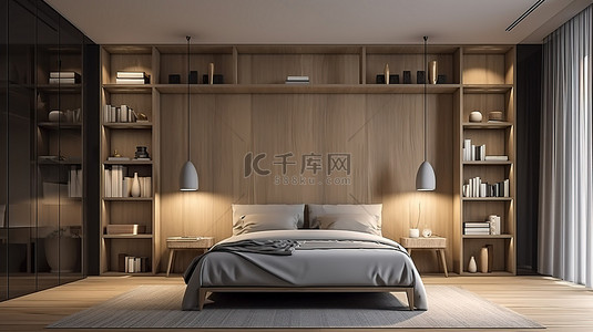 置物架木质小物件背景图片_带有时尚内置书架的现代木质卧室 3D 渲染