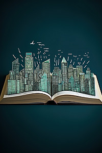 卷起的书页背景图片_书打开了，城市画在书页上，天空画在书里