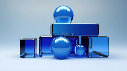 蓝色玻璃中时尚闪亮的 3D 几何形状，现代简约的抽象艺术设计