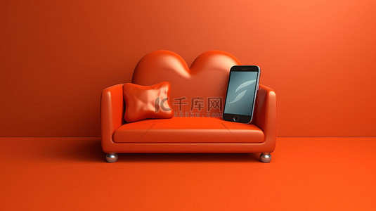 沙发上背景图片_心形装饰的手机放在沙发上，具有可定制的 3D 渲染背景