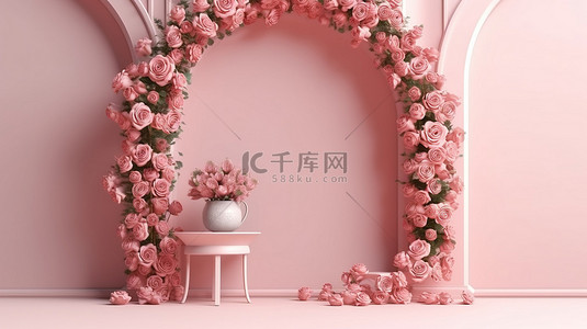 倾倒的玫瑰花朵背景图片_带玫瑰讲台的产品展示拱门的 3D 渲染