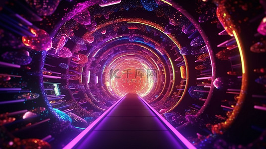 充满活力的霓虹灯照亮了令人惊叹的 3D VFX 背景中色彩缤纷的粒子填充空间隧道