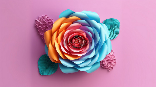 花卉玫瑰花背景图片_papercraft 花卉喜悦充满活力的玫瑰纸风格 3d 渲染与剪切路径
