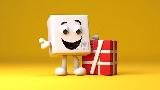 黄色背景，带有 3D 渲染的白色礼品盒红丝带和带有角色吉祥物的电影拍板