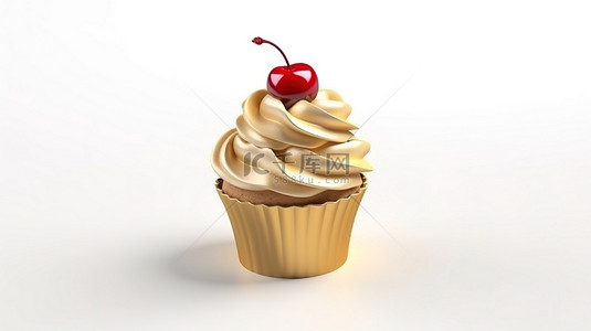 樱桃背景图片_3D 渲染的纸杯蛋糕，配有金色圣代冰淇淋和白色背景上的樱桃