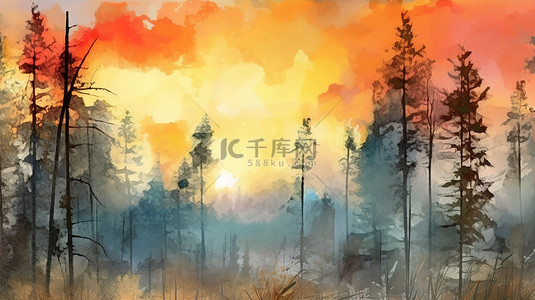 秋季森林景观抽象水彩画中充满活力的日落色彩 3D 插图