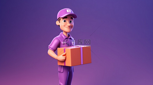 紫罗兰色包裹的快递员持有用于交付的盒子 3D 渲染图像