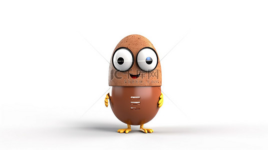白色背景上可充电电池供电的棕色鸡蛋吉祥物的 3D 渲染