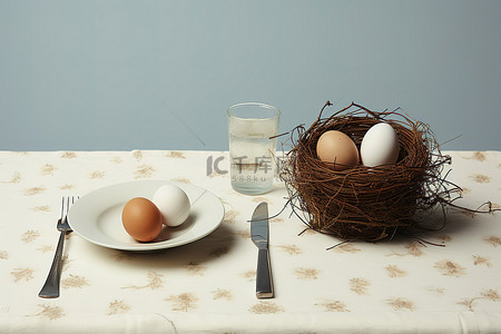 有水的桌子背景图片_一张桌子，桌上放着一个篮子，盘子里放着鸡蛋