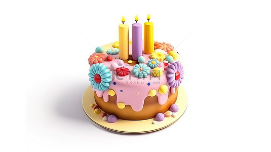 异想天开的 3D 蛋糕模型，非常适合白色背景下的三岁生日庆祝活动