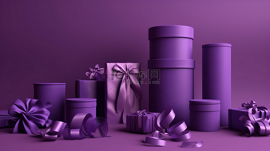 飘舞丝带背景图片_优雅的紫罗兰色礼品盒，饰有丝带和贺卡，在紫色背景上有充足的复制空间 3D 礼品套装
