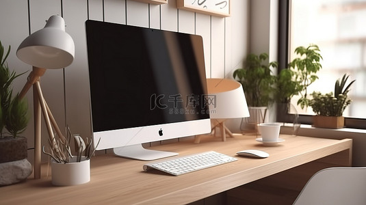 家庭办公背景图片_木桌配有一台现代家庭办公台式电脑，其空白屏幕在特写 3D 渲染中