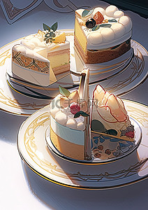 盘子菜背景图片_5 种蛋糕精选，放在烛台前的盘子上