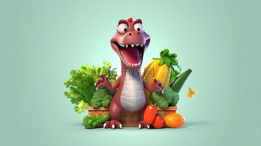 厚脸皮的 3D 恐龙在悬浮的蔬菜中举着牌子