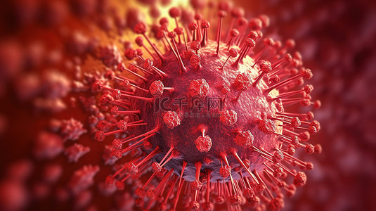 深红色冠状病毒细胞的 3D 渲染