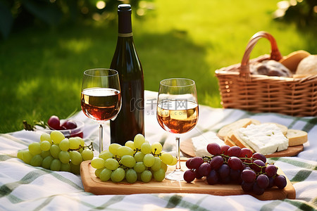公园里的野餐展示了蔓越莓酒和一些葡萄