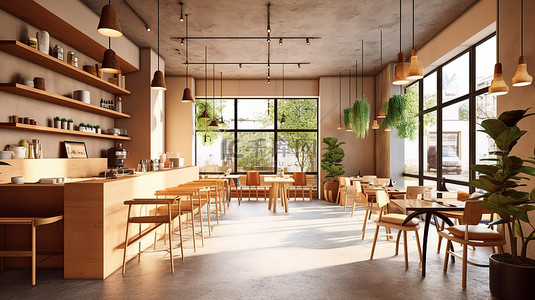 植物墙壁背景图片_3D 插图中的当代咖啡馆时尚室内设计