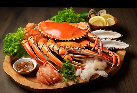 蟹肉和海鲜放在木盘上