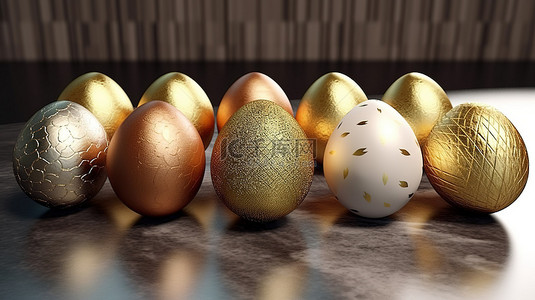 可爱的条纹背景图片_3D 渲染的一组闪闪发光的金色复活节彩蛋，具有独特的纹理
