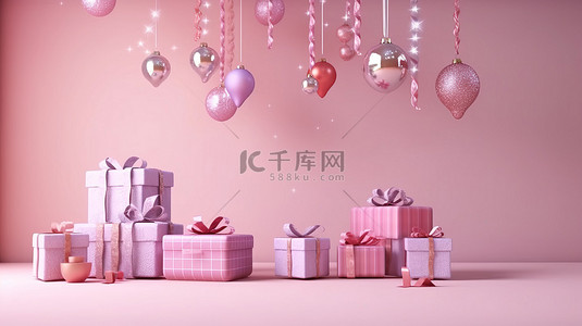 派对设计背景图片_3D 渲染中的小玩意形状的礼品盒装饰着墙壁，上面有柔和的粉红色花环和节日装饰品