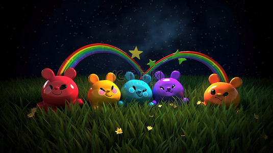 夜间草地上可爱的微笑星星和蝴蝶 3d 渲染卡通彩虹