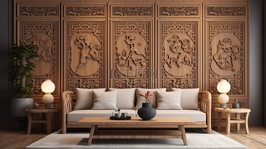 客厅装饰有中式主题沙发和 3D 渲染木质装饰