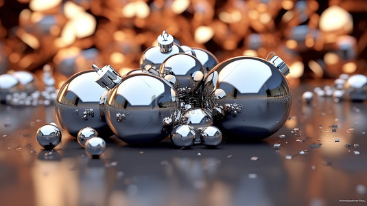 优雅而动态的 3D 插图，圣诞快乐的文字，在奢华的背景上闪闪发光的银球，非常适合冬季假期