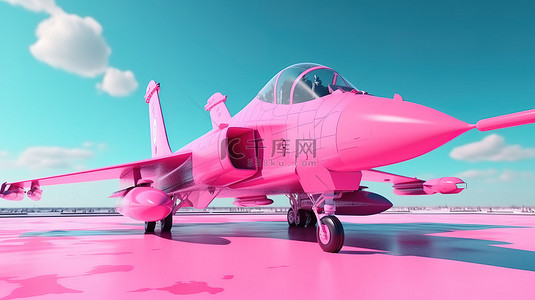 天蓝色背景，以醒目的 3D 渲染中的粉红色战斗机为特色