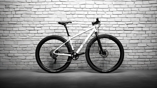 黑白山地自行车对砖墙的极端特写 3D 渲染，带空白框架