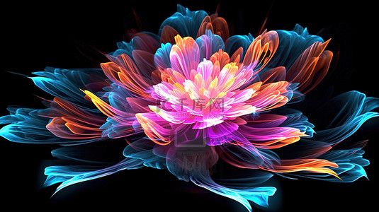 色彩创意设计背景图片_发光的 3D 抽象花瓣黑色背景上美丽的数字色彩幻想设计3D 渲染