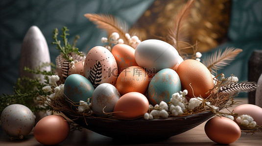 兔年新年快乐横向背景图片_节日复活节装饰令人愉快的 3d 鸡蛋组合物