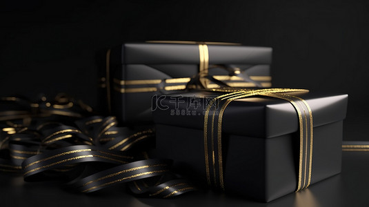 金色丝带在 3D 渲染中系在黑色礼盒周围