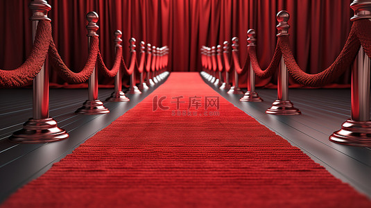 红地毯尽头楼梯的 3D 渲染，两侧是绳索屏障