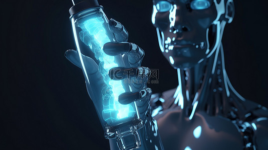 天安门折纸背景图片_在 3D 渲染中拿着蓝色液体填充试管的机器人