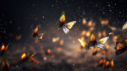 背景黑金背景图片_一群蝴蝶在令人惊叹的 3D 渲染中飞过闪闪发光的星系