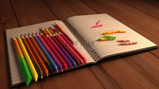 背景信纸背景图片_3d 渲染中带彩色铅笔的笔记本