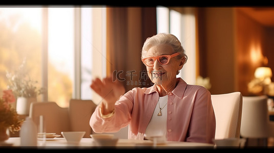 酒店管理背景图片_快乐的老妇人享受酒店的沉浸式 3D 演示